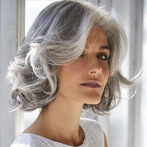 RENERSHOW Mixed Grey Short Wavy Wig for White Women - Medium Length, Gray Curly